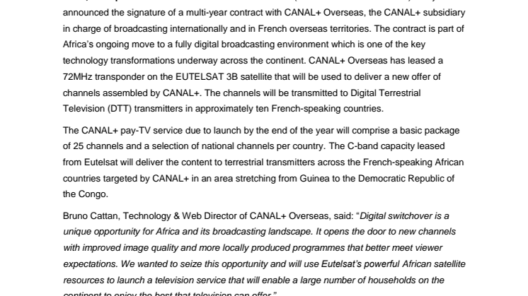 CANAL+ Group chooses Eutelsat to deliver DTT services in Africa