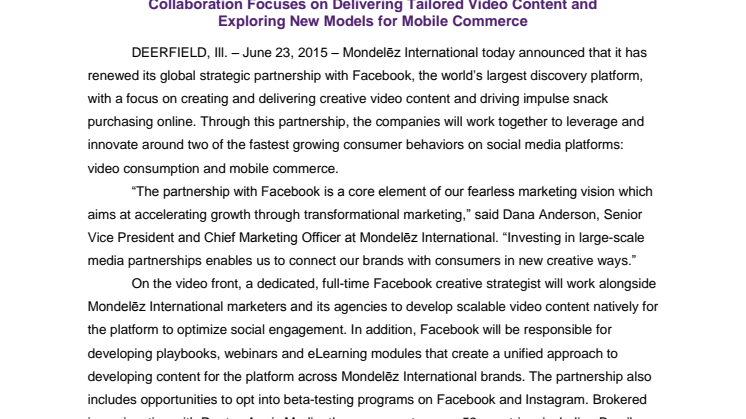 Mondelēz International Partners with Facebook on Creative Video Content and E-Commerce
