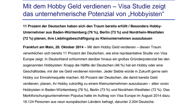Mit dem Hobby Geld verdienen – Visa Studie zeigt das unternehmerische Potenzial von „Hobbyisten“