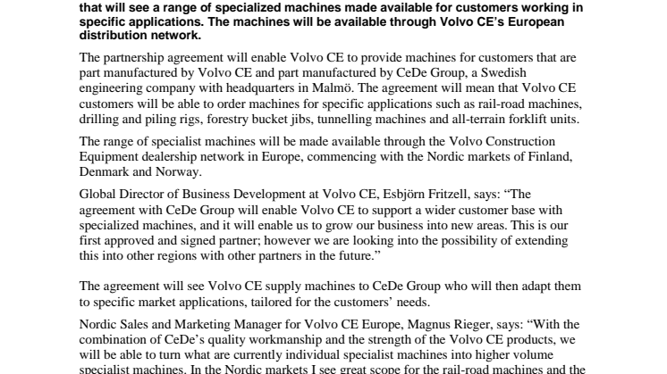 Volvo Construction Equipment signs agreement with CeDe Group to offer specialized machines in Europe