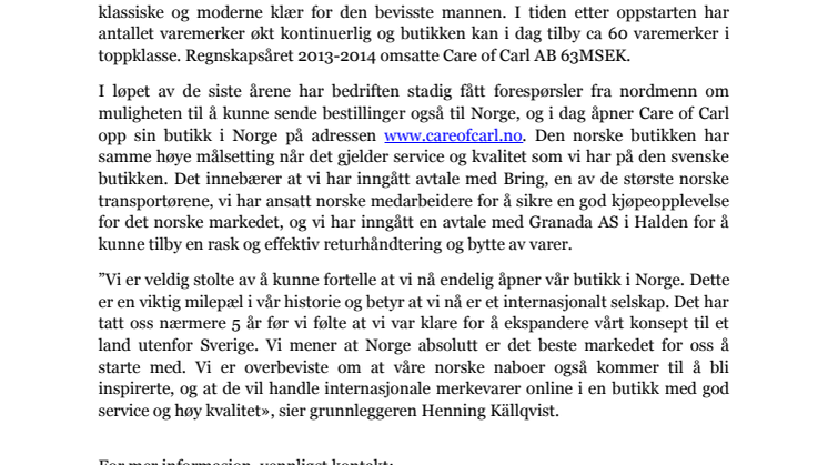CareOfCarl.com åpner i Norge