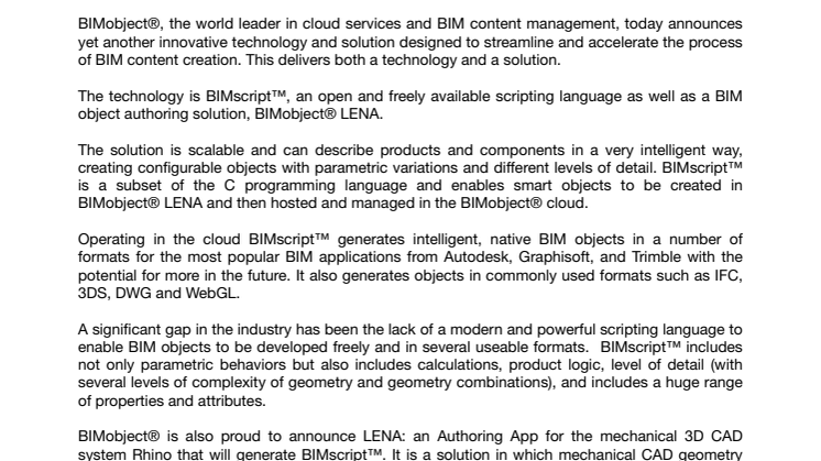 BIMobject® releases BIMscript™ and LENA - Turning Mechanical CAD into intelligent BIM Objects