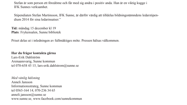 Stefan Martinsson får Sunne kommuns ledarstipendium