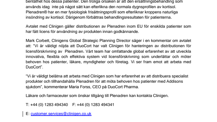 DuoCort Pharma och Clinigen ingår avtal för distribution vid licensförskrivning av Plenadren