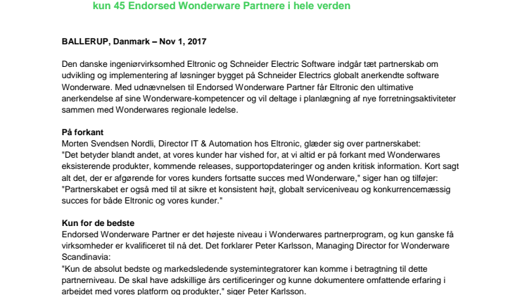 Eltronic udnævnt som første danske Endorsed Wonderware Partner