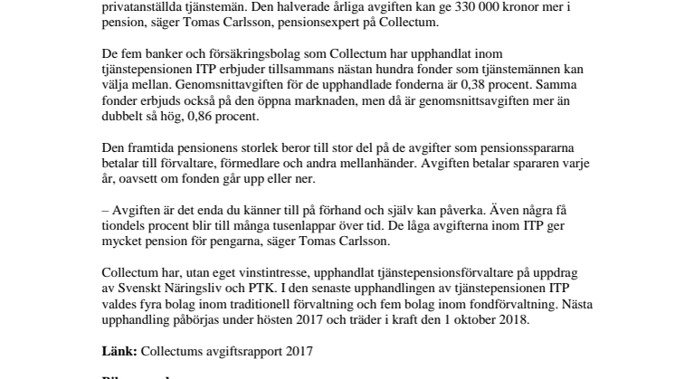 Collectums avgiftsrapport 2017: Halverade avgifter med upphandlade pensionsfonder