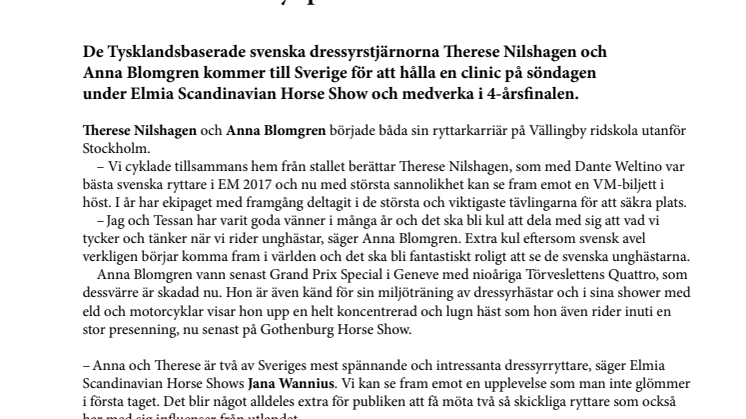 Therese Nilshagen och Anna Blomgren till 4-årsfinalen i dressyr på Elmia Scandinavian Horse Show