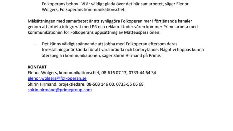 Prime är Folkoperans nya sponsor