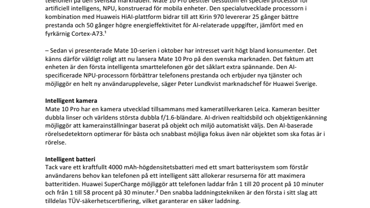 Intelligent mobilupplevelse, AI-drivet batteri och dubbla kameralinser: Huawei släpper Mate 10 Pro i Sverige