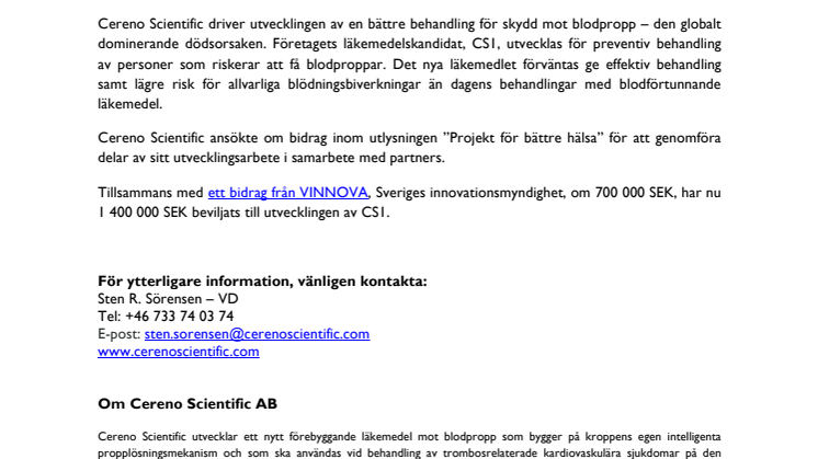 Cereno Scientific dubblar bidrag för utvecklingen av CS1 