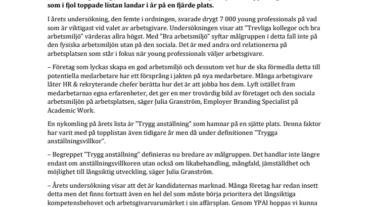 Trevliga kollegor och bra arbetsmiljö viktigast när young professionals väljer arbetsplats