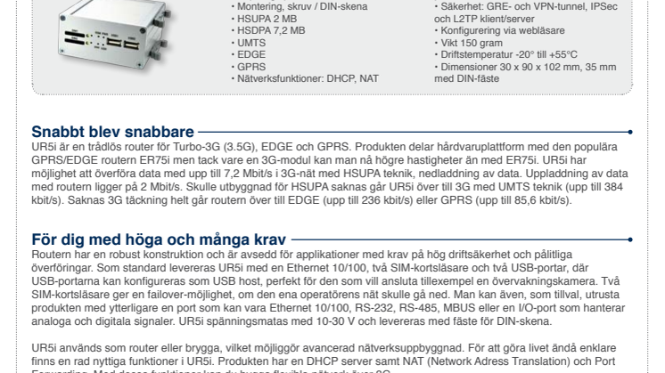 Industriell 3G-router, UR5i. Turbo-3G med möjligheter