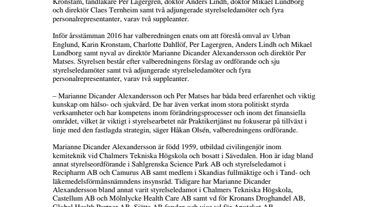 Marianne Dicander Alexandersson och Per Matses föreslås som nya styrelseledamöter i Praktikertjänst