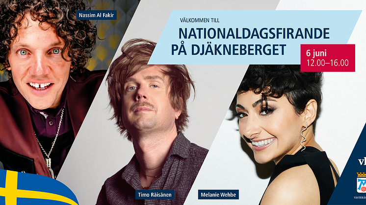 Timo Räisänen, Melanie Wehbe och Nassim Al Fakir till årets nationaldagsfirande på Djäkneberget