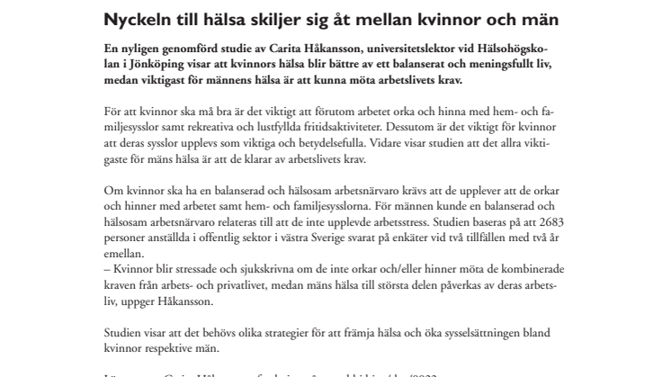 Nyckeln till hälsa skiljer sig åt mellan kvinnor och män