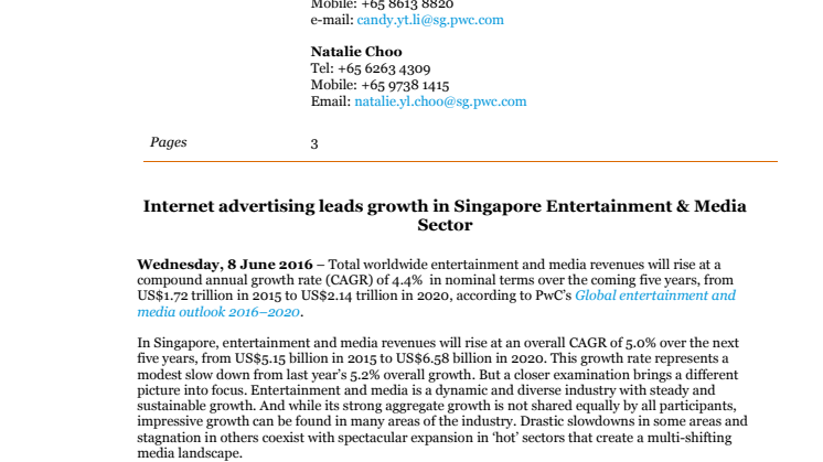 Internet advertising leads growth in Singapore Entertainment & Media Sector