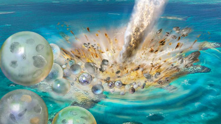Asteroidnedslaget med sfäruler som kastas ut