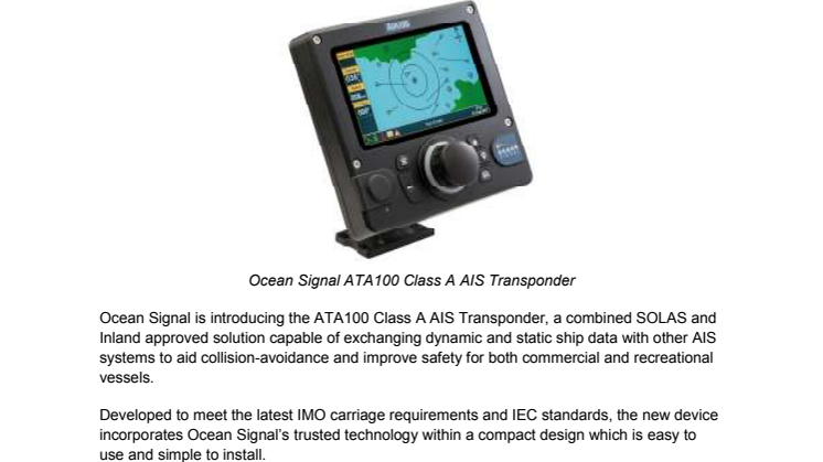 Ocean Signal Introduces ATA100 Class A AIS Transponder at Europort