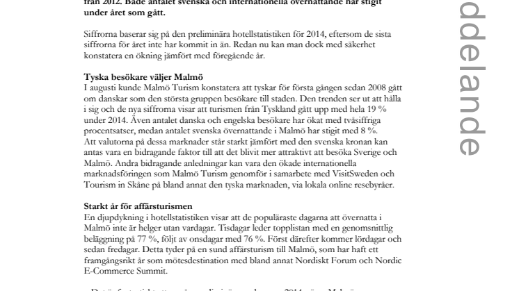 2014 ännu ett rekordår för turismen i Malmö