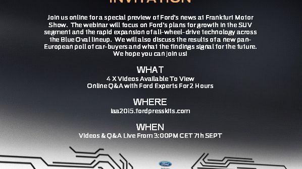 Velkommen til deltagelse på Fords webinar om våre SUV og AWD på veldig mange av våre modeller. Tid i dag mandag 7. september kl. 15.00