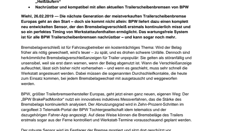 Vorausschauende Wartung: BPW misst erstmals Bremsbelagverschleiß im Trailer mit neuartigem Sensor