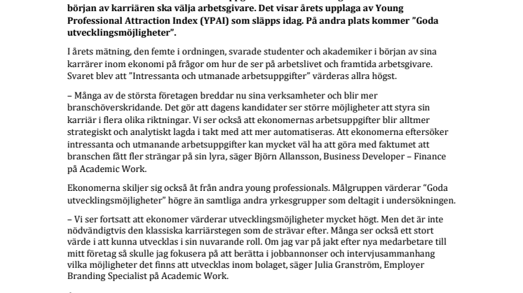Intressanta och utmanande arbetsuppgifter viktigast när young professionals inom ekonomi väljer arbetsplats