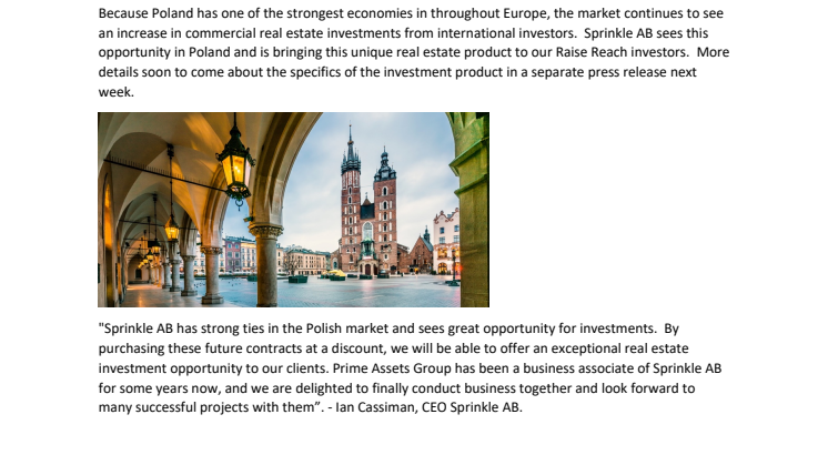 Sprinkle AB announces it has signed a contract to purchase future Polish Real Estate projects