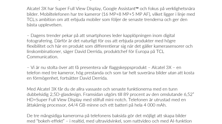 TCL Communication lanserar nya kraftfulla  Alcatel 3X till superpris