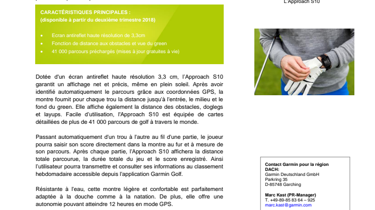 Garmin enrichit à nouveau sa gamme de wearables pour le golf et présente l'Approach S10