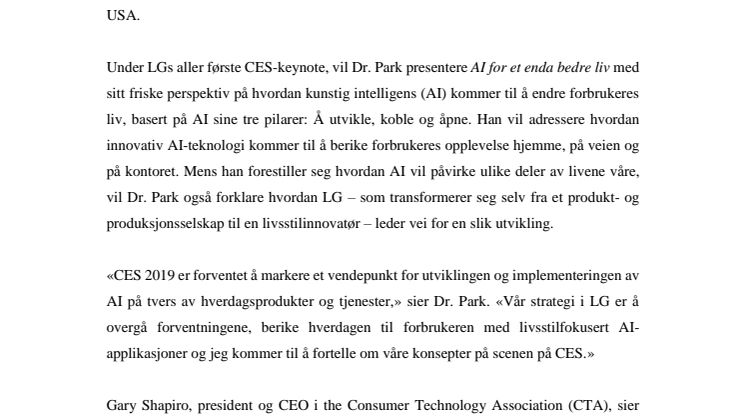President og CTO i LG holder keynote på CES 2019