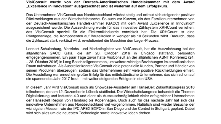 VisiConsult von der Deutsch-Amerikanischen Handelskammer ausgezeichnet