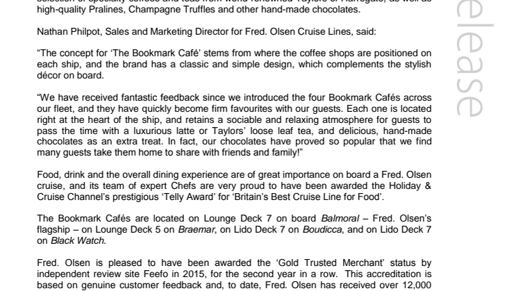 Fred. Olsen Cruise Lines unveils ‘The Bookmark Café’ across its fleet