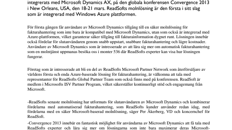 ReadSoft lanserar en Microsoft-integrerad molnbaserad automatisk fakturahanteringslösning på Convergence 2013