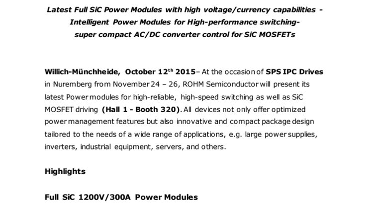 SPS IPC Drives 2015: ROHM Semiconductor Displays Power and Drive products
