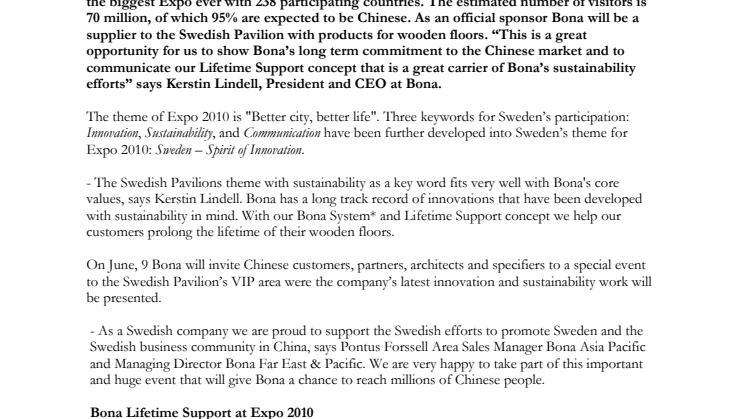 Bona official sponsor of World Expo 2010 