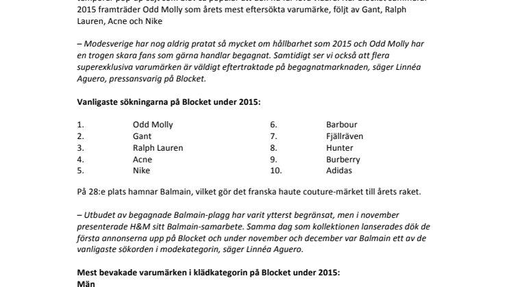 Odd Molly mest eftersökta modevarumärket på Blocket 2015 – Balmain var årets raket