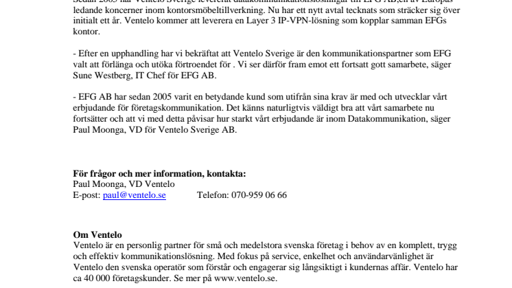 EFG European Furniture Group AB förlänger avtalet med Ventelo Sverige