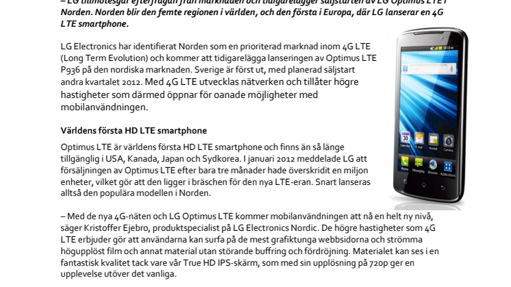 LG lanserar 4G-mobilen Optimus LTE i Sverige