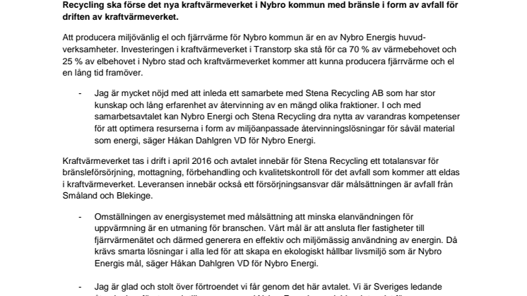 Nybro Energi inleder samarbete med Stena Recycling AB