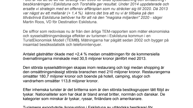 Besöksnäringens omsättning i Eskilstuna ökade med 27 miljoner kronor 2014!