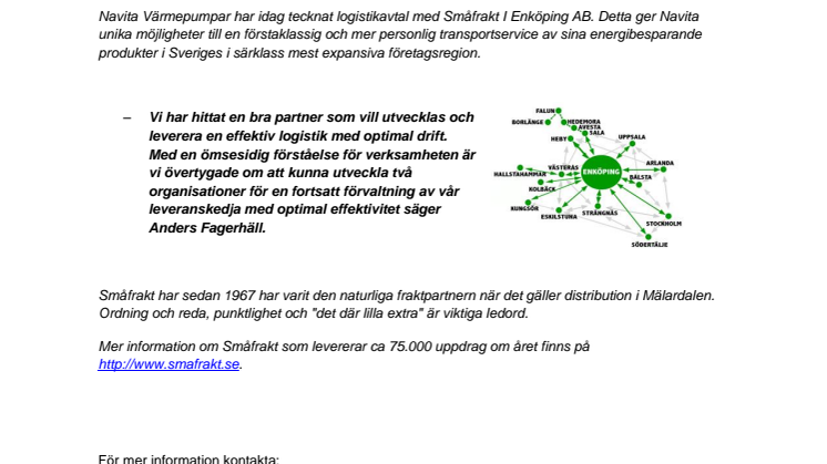 Navita Värmepumpar tecknar logistikavtal för mälardalen med Småfrakt.