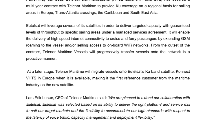Eutelsat selected by Telenor Maritime for maritime mobility services in Europe, Trans-Atlantic routes, the Caribbean, and South East Asia