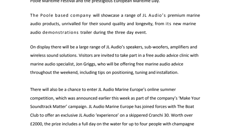  JL Audio Marine Europe: JL Audio Marine Europe to Host Free Audio Clinic