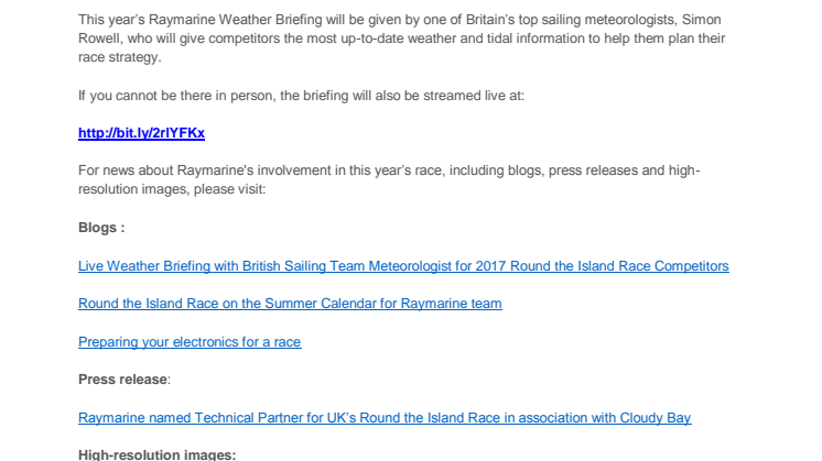 Raymarine Media Notice: 2017 Round the Island Race in association with Cloudy Bay