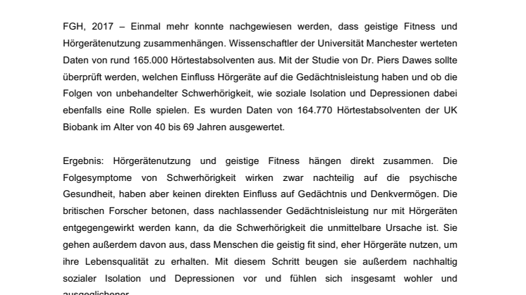 Neuer wissenschaftlicher Nachweis: Hörgeräte fördern geistige Fitness bei Schwerhörigkeit