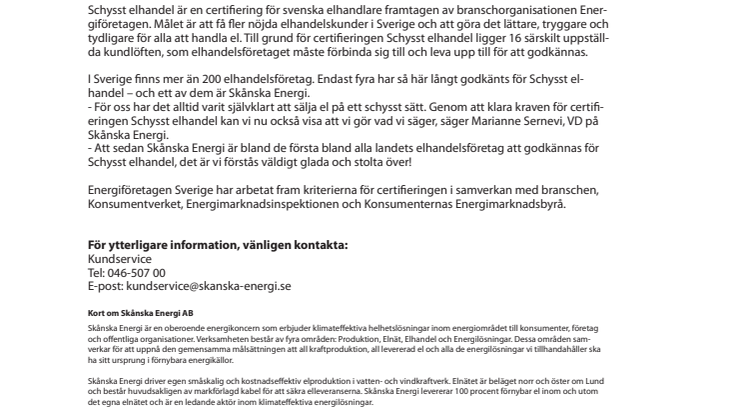Skånska Energi certifierat för Schysst elhandel