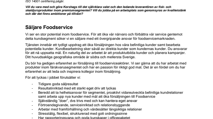 Annons säljare Foodservice