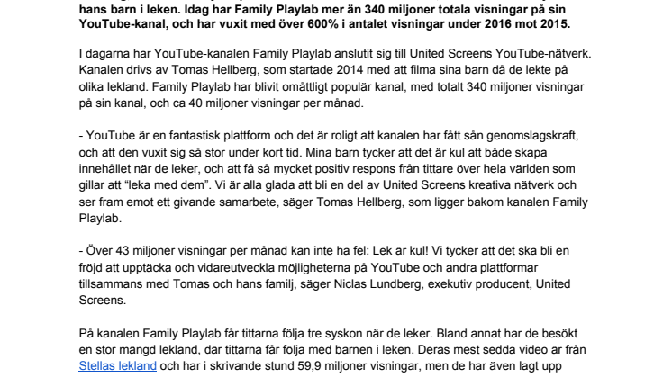Tittarfavoriten Family Playlab har anslutit sig till United Screens YouTube-nätverk 