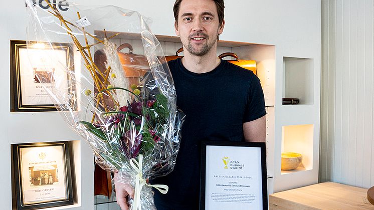 Anders Sandlund, Böle Garveri & Sandlund/Hossain, mottog priset Årets hållbarhetspris 2020. Foto: Zandra Klasson