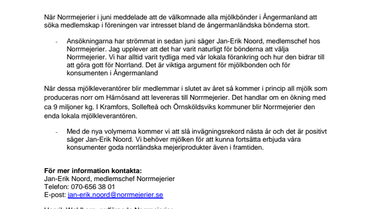 Mjölkbönderna i Ångermanland väljer Norrmejerier - den ångermanländska mjölken förblir norrländsk